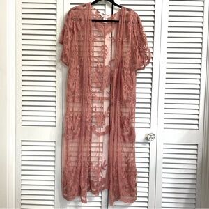 LC Lauren Conrad Kimono Pink Mesh Lace Cover up Long Cardigan Boho Festival O/S
